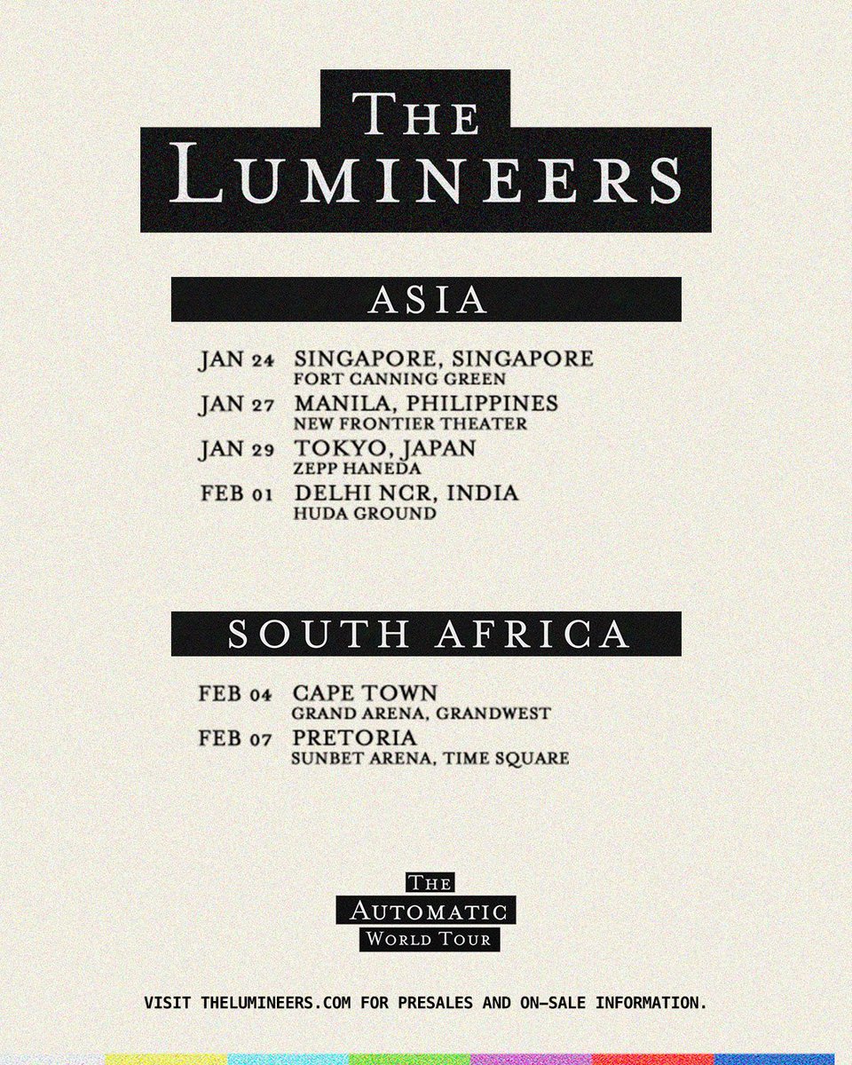 thelumineers's tweet photo. We’re excited to bring the Automatic World Tour to New Zealand, Australia, Asia, and South Africa. Looking forward to playing for you soon. All presale and ticket info can be found at https://t.co/jbgh9GmdJL. https://t.co/Px2fJuwdru