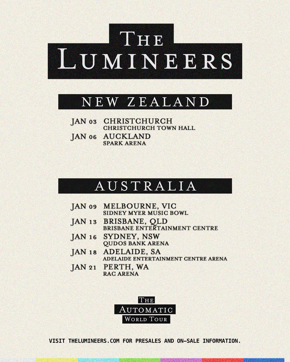 thelumineers's tweet photo. We’re excited to bring the Automatic World Tour to New Zealand, Australia, Asia, and South Africa. Looking forward to playing for you soon. All presale and ticket info can be found at https://t.co/jbgh9GmdJL. https://t.co/Px2fJuwdru