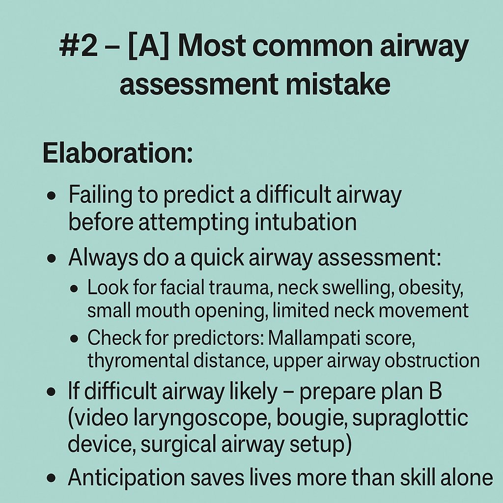 DiaryDoc's tweet image. #2 – [A] Most common airway assessment mistake
Don’t skip a difficult airway check. Look for trauma, neck swelling, obesity, small mouth, limited neck movement.
If difficult → have a plan B ready.

#EmergencyMedicine #FOAMed #Airway