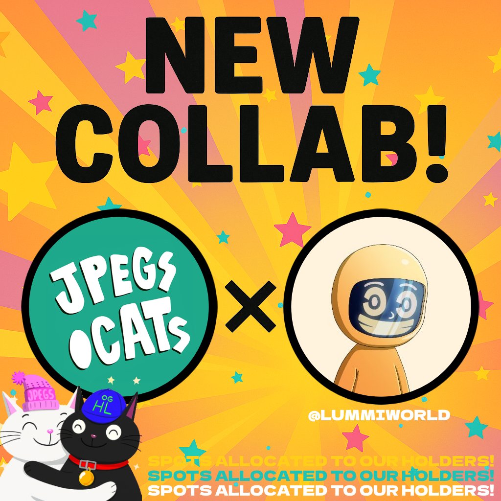 NEW COLLAB! 😼
<a href="/jpegsdotcats/">jpegs.cats</a> x <a href="/LummiWorld/">Lummi</a> 

Giving out 5X GTD SPOTS on this post.
Like, RT and Drop your SOL address.
Follow both accounts. Tag 3 catfriends.

More spots allocated to our holders in the Cat Crib!
Join our Discord to participate in more! 😽