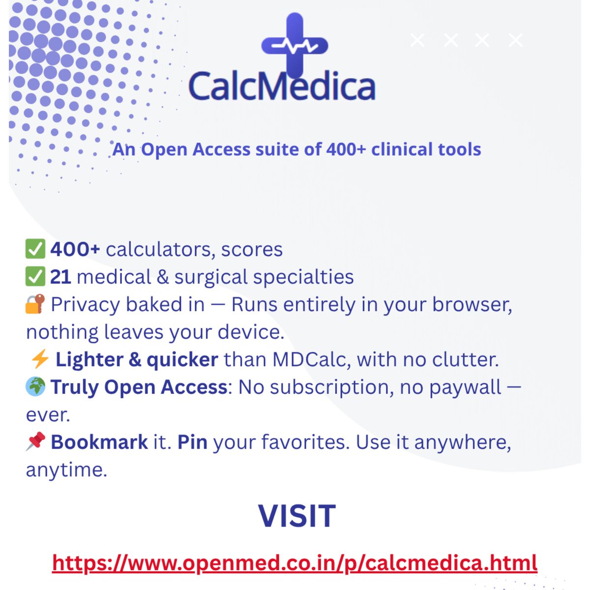 TheOpenMed's tweet photo. 🩺 CalcMedica is live!� 
An Open Access Suite of 400+ Clinical Decision Tools 
🔒 Privacy-first: Runs entirely in your browser. No logins. 
⚡ Faster than MDCalc: Mobile-first, lightweight.
� 🌍 Truly Open Access #MedTwitter
Visit : https://t.co/prmtNyOXKa https://t.co/9BIZ8VrpTS