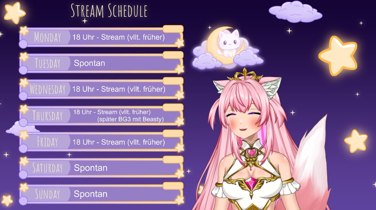 EmylunaVT's tweet photo. Heii Leutis, hier ist mein Streamplan für die kommende Woche :3
11.08.2025 - 17.08.2025 https://t.co/q3htq17WzR