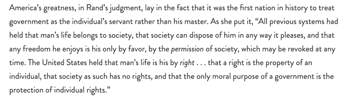 安·兰德（Ayn Rand)认为，美国之所以强大而伟大，根本原因在于它确立了这样一个原则：人不属于社会，也不属于国家。