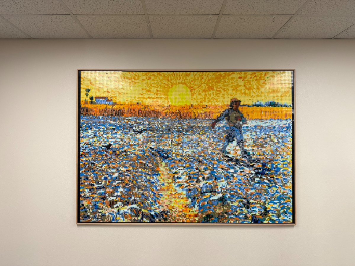 sethwieck's tweet photo. Our church has a tradition of group art projects. For this one, people from age 6-76 recreated Van Gogh’s Sower at Sunset. With 50,000 LEGOs. 5’x7’. https://t.co/bbLj7Xpxyj