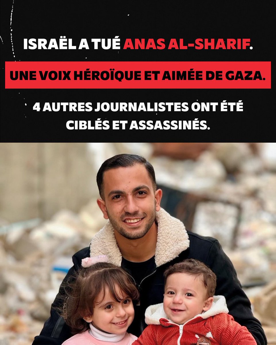 emma_frr's tweet image. Israël vient d’assassiner les journalistes et héros Anas Al-Sharif, Muhammad Qariqa, Ibrahim Zaher, Moamen Alwe, Muhammad Nofal 💔

Plus que jamais nos voix doivent s’élever et faire échos aux leurs pour exiger toutes les sanctions contre Israël et la fin du génocide.