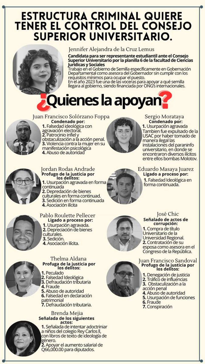 Nuestra red de inteligencia ha logrado identificar a una estructura criminal de alta peligrosidad, que pretende tener el control del Consejo Superior Universitario.  

Líder de la estructura: JennTeDesinforma

Coordinadores:  Lic. Carnitas, El Arranca Cebollas, José Chiquitiado.