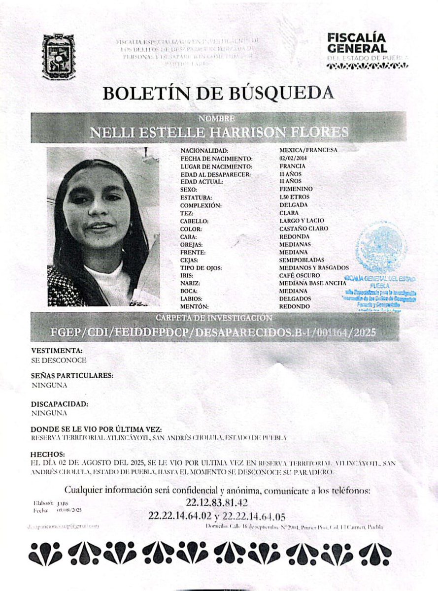 🟣🚨 #URGENTE 🚨⚠️🔎
#SeBusca a la #niña Nelli Estelle Harrison Flores, de 11 años, se desconoce su paradero. Fue #sustraída por su padre David N, quien está vinculado a proceso por #ViolenciaVicaria y no se presentó ante la juez a una audiencia el sábado.

🟣🚨⚖️Se teme que la