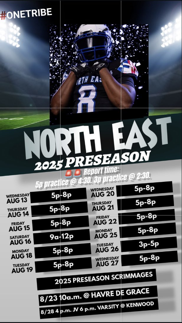 Required for the first two days of practice:
Helmet only
A white shirt
Blue shorts
Cleats
Approved physical by AD

If weather conditions require us to move practice indoors, all players must wear sneakers.

Any player still needs equipment, report to the fieldhouse on 8/13 at 4pm