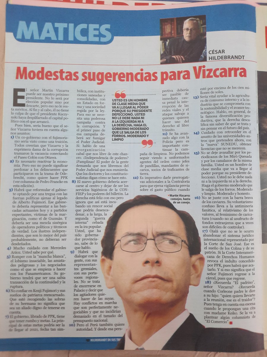 HILDEBRANDT "CLAQUE" DE VIZCARRA. -H13/23 mar 2018)- No solo abono la caída de PPK, le dio sugerencias: convocar independientes, en coro con Francke (Veronika lover) usar su plan económico, reorganizar el Poder Judicial, seguir copando la policia y el centro como ruta. LA EMBARRO