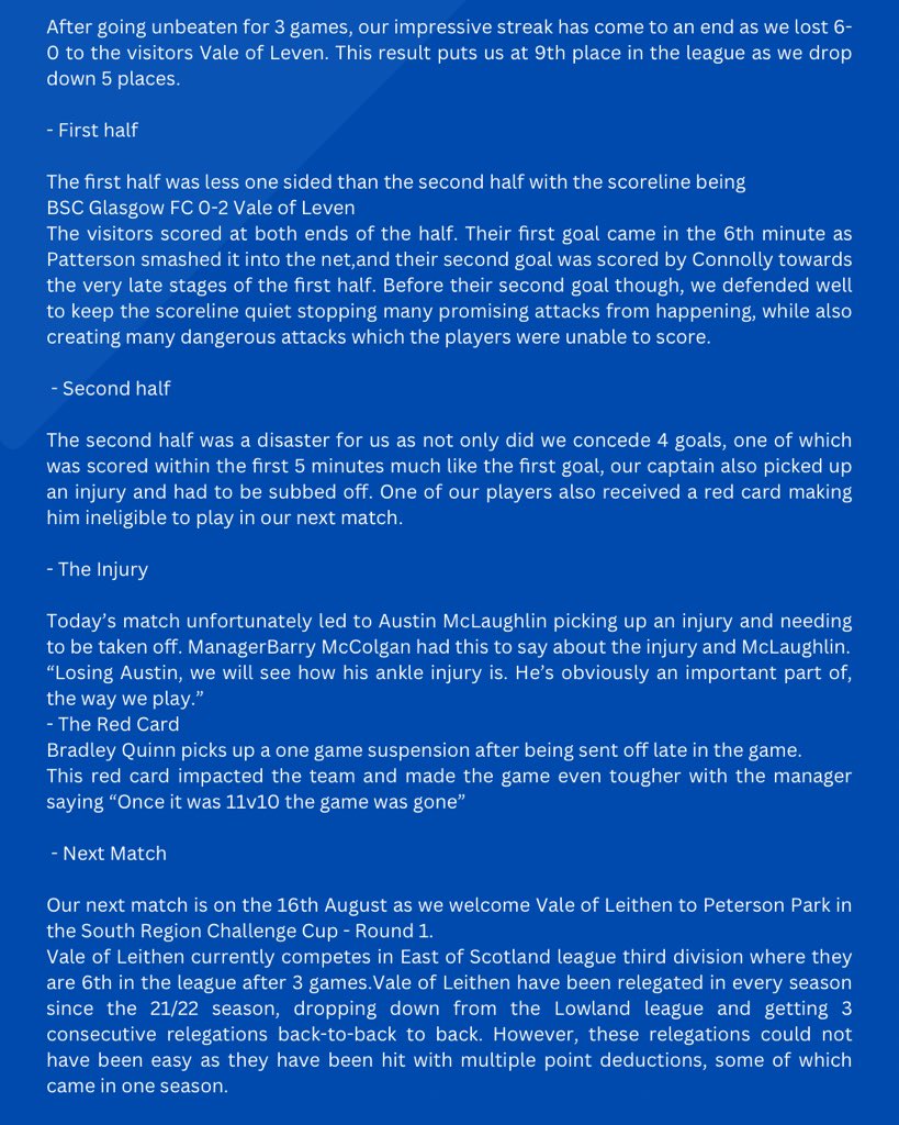 The match report for our game against Vale of Leven and some information about our next game against Vale of Leithen in the south challenge cup