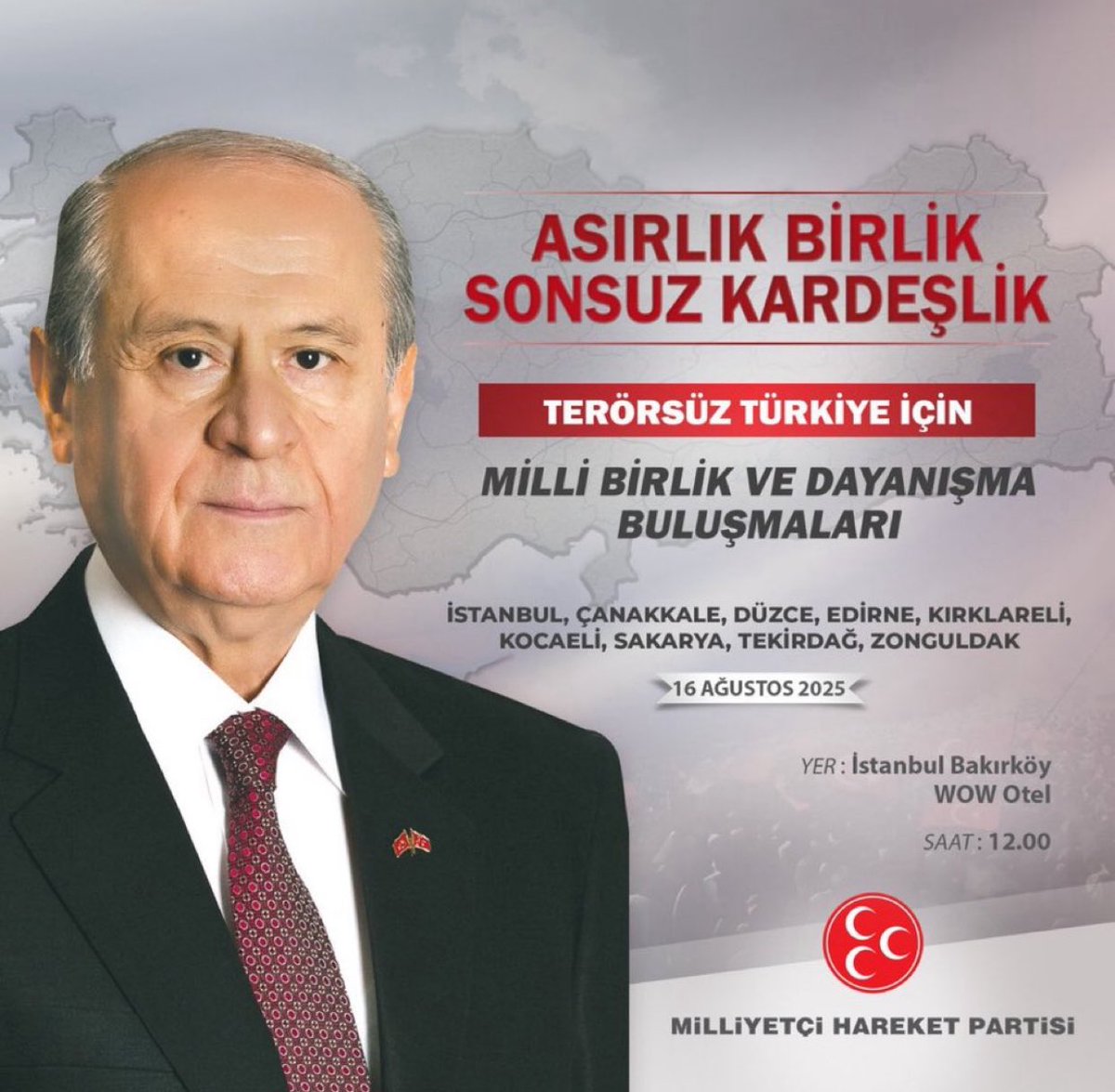 Asırlık Birlik
Sonsuz Kardeşlik

İstanbul, Çanakkale, Düzce, Edirne, Kırklareli, Kocaeli, Sakarya, Tekirdağ, Zonguldak

📆 16 Ağustos 2025 - Cumartesi
⏰ Saat: 12.00
📍 Yer: İstanbul Bakırköy WOW Otel