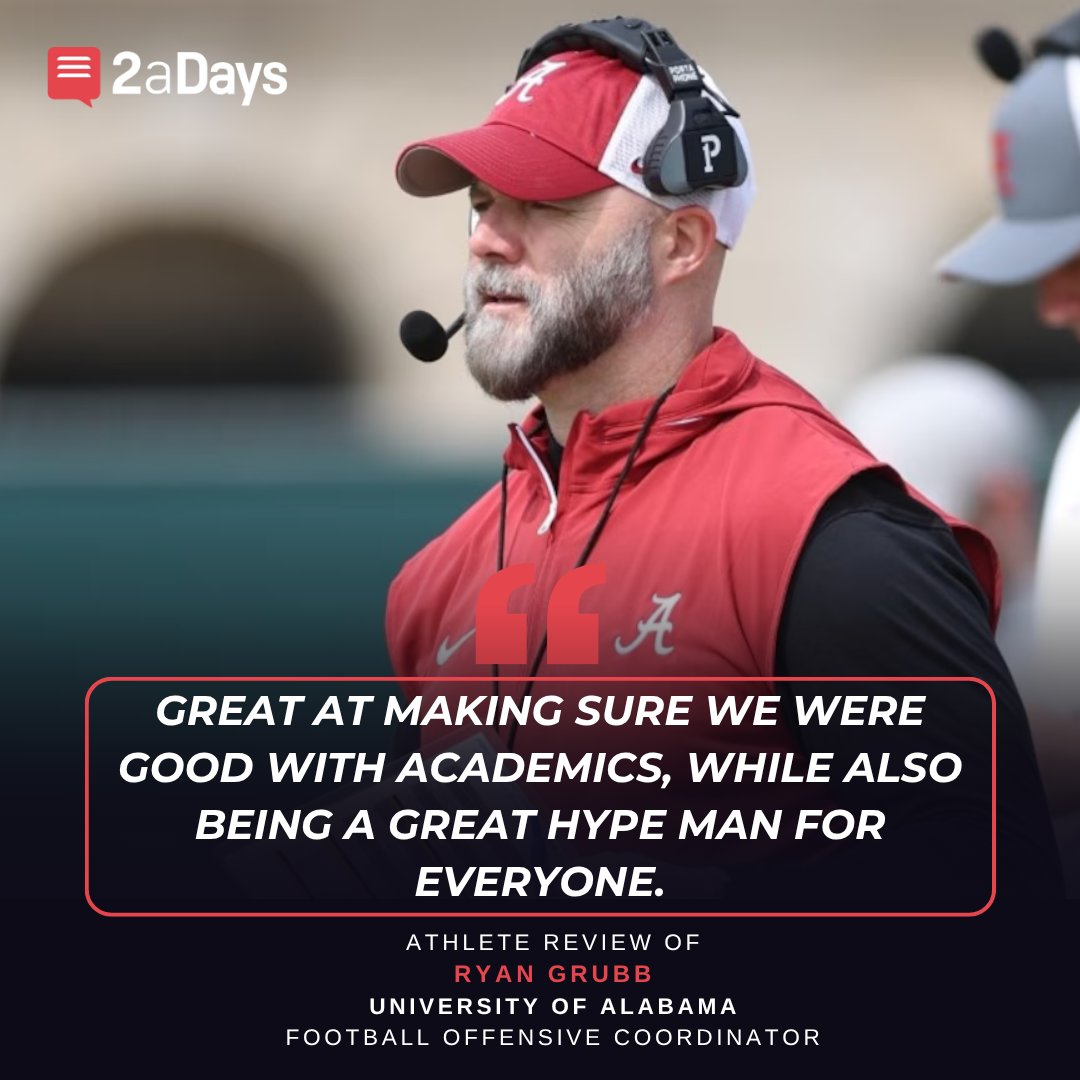 . <a href="/GrubbRyan/">Ryan Grubb</a>, offensive coordinator for <a href="/AlabamaFTBL/">Alabama Football</a>, received his first #2aDays review recently. The athlete writes that he's a "Great Guy, Academic And Athletic Motivator". Read the full review &amp; #rateyourcoach: bit.ly/4mCB13E #collegefootball #collegesports