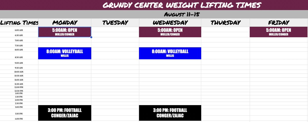 Weight lifting times this week!