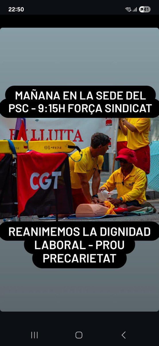 🆘Este lunes por la mañana seguimos con la lucha para detener la precarización del servicio de salvamento y socorrismo de playas de <a href="/bcn_ajuntament/">Ajuntament de Barcelona</a> 
A ver si nos reciben <a href="/jaumecollboni/">Jaume Collboni</a> <a href="/laiabonetrull/">Laia Bonet</a> <a href="/pscbarcelona/">PSC Barcelona/♥️</a> <a href="/socialistes_cat/">Socialistes PSC/❤</a> 
#SocorristasEnLucha
#BarcelonaSeAhoga
#PlaClim