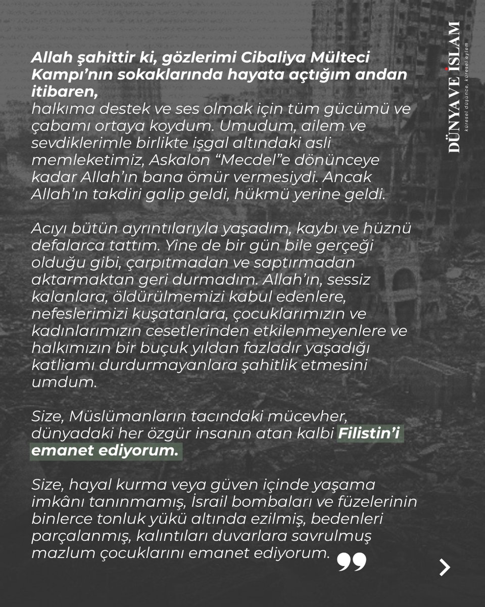 ismail_halis's tweet photo. Enes'imiz de şehit oldu

Onlarca gazeteci arkadaşı gibi..

Enes, daha geçen hafta paylaşmıştı, şehit gazeteci arkadaşı İsmail Gul, çadıra, annesini ziyarete gelmişti, nasıl da latif ve incelikli bir dostlukla şakalaşıyorlardı..

Ondan önceki hafta da bir başka şehit gazeteci arkadaşı ile videosu vardı 

O videoya şu notu düşmüştü mesela..

"İsmail şehit oldu, bu sahneyi çeken arkadaşımız Hasan Hamad da şehit oldu."

Son nefesinize dek asalet ve izzet nedir, gazetecilik nedir, klas duruş nedir gösterdiniz, son dersiniz, son son haberiniz, son mesajınız şehitlik idi

Emanet ettiğiniz her zerre için yaşamak, yaşamak sebebimizdir Enes 

@dunyaveislamcom