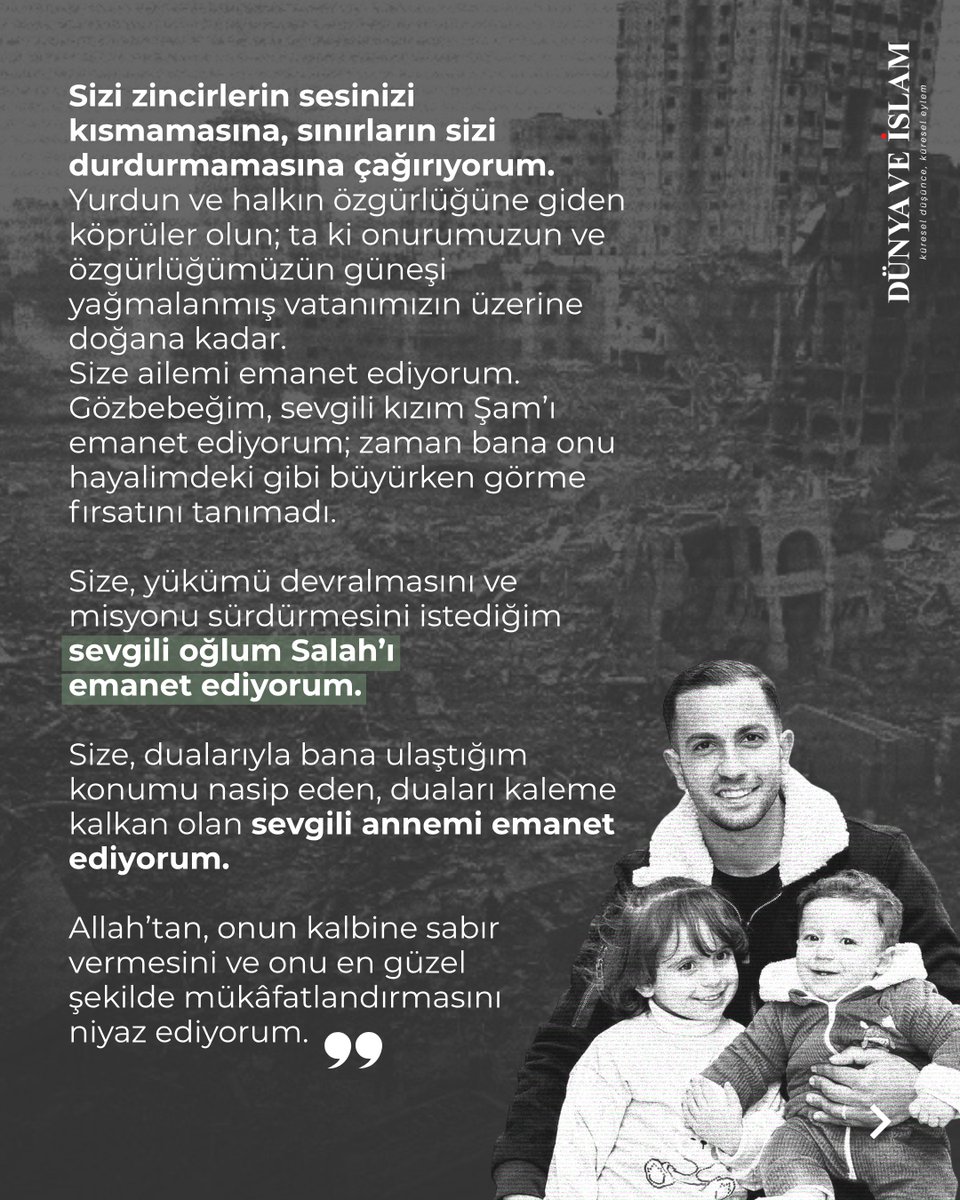 ismail_halis's tweet photo. Enes'imiz de şehit oldu

Onlarca gazeteci arkadaşı gibi..

Enes, daha geçen hafta paylaşmıştı, şehit gazeteci arkadaşı İsmail Gul, çadıra, annesini ziyarete gelmişti, nasıl da latif ve incelikli bir dostlukla şakalaşıyorlardı..

Ondan önceki hafta da bir başka şehit gazeteci arkadaşı ile videosu vardı 

O videoya şu notu düşmüştü mesela..

"İsmail şehit oldu, bu sahneyi çeken arkadaşımız Hasan Hamad da şehit oldu."

Son nefesinize dek asalet ve izzet nedir, gazetecilik nedir, klas duruş nedir gösterdiniz, son dersiniz, son son haberiniz, son mesajınız şehitlik idi

Emanet ettiğiniz her zerre için yaşamak, yaşamak sebebimizdir Enes 

@dunyaveislamcom
