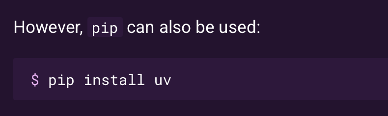 vikhyatk's tweet photo. wait... you can install uv with pip? this changes everything https://t.co/ZSIzcdY1GQ