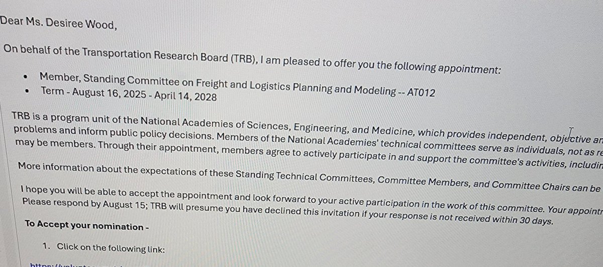 TruckerDesiree's tweet image. I’m honored to share that I’ve accepted a nomination to serve on the Transportation Research Board Standing Committee for Freight &amp;amp; Logistics Planning &amp;amp; Modeling AT012 under the National Academies of Sciences, Engineering, &amp;amp; Medicine. @NASEMTRB
#Transportation #Freight #Logictics