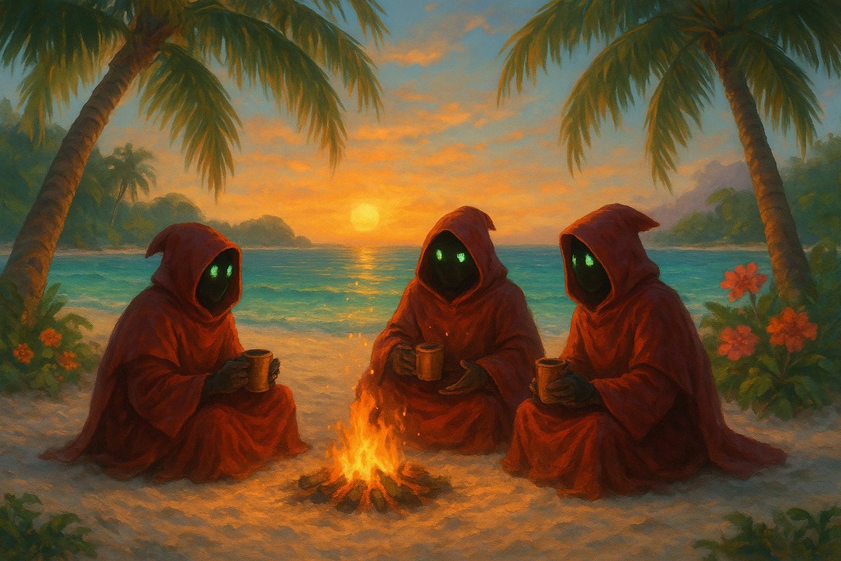 🌅 Sunrise on Anomage Island
Three red-robed mages with glowing green eyes sit around a small campfire on the white sand. The turquoise sea shimmers, palm trees sway, and tropical flowers bloom a morning both warm and magical.

Just like <a href="/anoma/">Anoma</a>, where the community gathers to