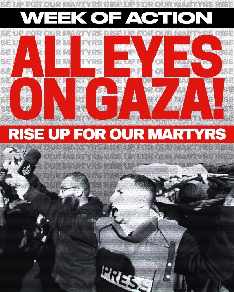 palyouthmvmt's tweet photo. ALL EYES ON GAZA: With an impending ground invasion, the occupation deliberately targeted Aljazeera's media tent in Al-Shifa hospital today, killing journalists Anas al-Sharif, Mohammed Quraiqa, and three other crew members in a a calculated assault aimed at silencing Gaza’s voice, severing its lifeline to the world. The Israeli military made a statement after the assassination, claiming responsibility for the intentional targeting of Anas.  Before he was martyred, Anas was warning about the impending ground invasion in to Gaza City, calling on the world to take action. Now, as the Israeli military prepares to push deeper into Gaza City, the assassination of these journalists serves a clear purpose: to ensure no one documents the atrocities ahead.

We call on all organizations, media sites, press unions, journalists, and supporters of justice worldwide to participate in a week of action for Gaza’s journalists and act now, before Gaza is wiped off the map. Organize at national and local media outlets in your city. Organize pickets, distribute posters and flyers and email outlets. Visit Writers Against the War on Gaza Toolkit to message media outlets directly, demand they take action: https://t.co/dTNgYIXqTz

If the world looks away, Gaza’s annihilation will happen in darkness. We must act now and call on all media organizations to amplify voices from Gaza before it’s too late. 

Demand a complete arms embargo; an end to the blockage on foreign press entry into Gaza; an investigation and prosecution of those responsible for the killing of journalists and the immediate entry of aid, food, and clean water into Gaza!