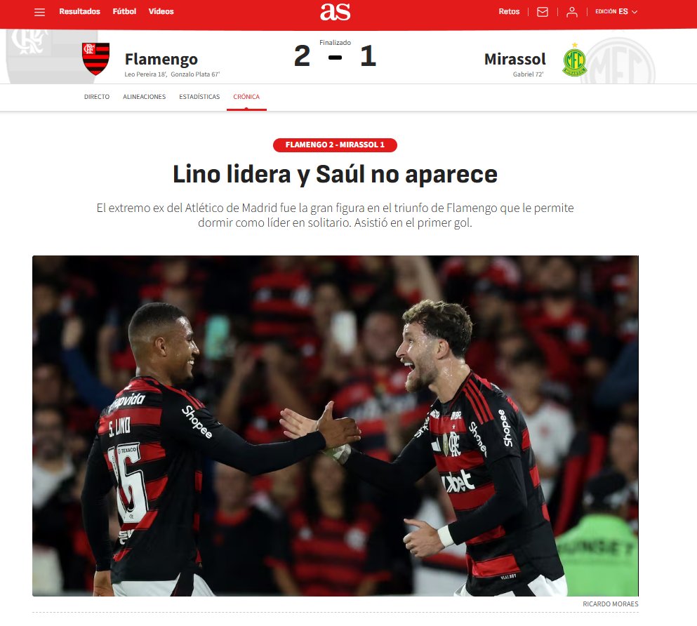Após a vitória do Flamengo, o jornal 'As' da Espanha, fez questão de destacar que Saúl não foi acionado pelo técnico Filipe Luís: