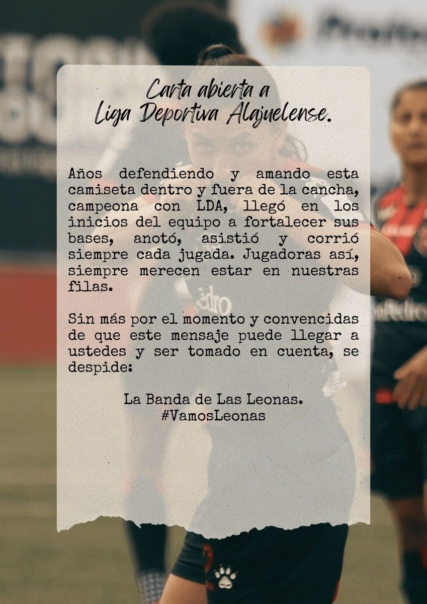 Carta abierta para Liga Deportiva Alajuelense. <a href="/ldacr/">Alajuelense</a> 

La Banda de Las Leonas y el Liguismo quieren a Lixy Rodríguez de vuelta ❤️🖤 nuestra eterna #12.
<a href="/LixyRodriguez12/">Lixy Rodríguez</a>