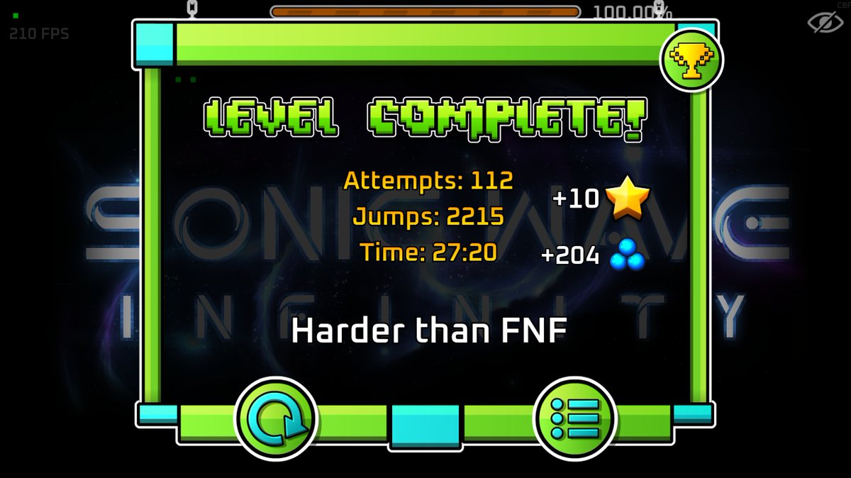 actuallyGDF's tweet image. SONIC WAVE INFINITY 100%
NEW HARDEST, FIRST MAINLIST, 40TH EXTREME DEMON, AND 100TH DEMON
25368 ATTEMPTS (less than normal sonic wave somehow)