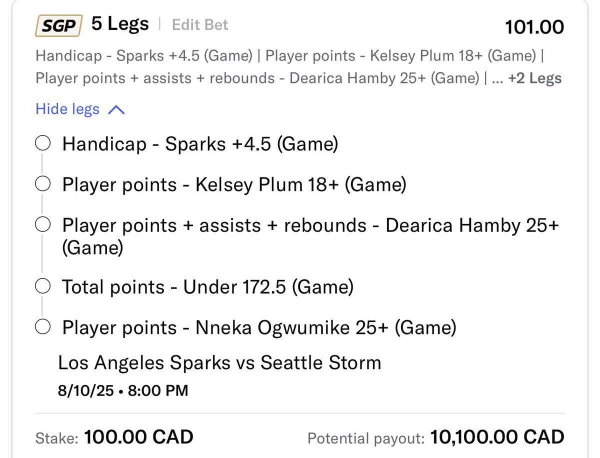 This might be the most degen play ever, but lets find out…
$100 —-&gt; $10,100 on a WNBA parlay