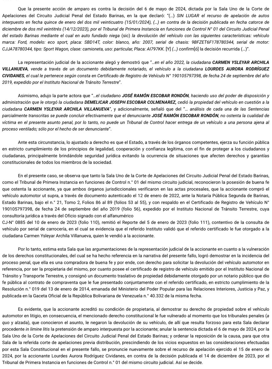 Wilson Gómez Guevara (@wilsongomezgb) on Twitter photo Sentencia N° 0611 del 30/04/2025 Sala Constitucional <a href="/TSJ_Venezuela/">TSJ Venezuela</a>
Acreditó su condición de propietaria, al demostrar su derecho de propiedad sobre el vehículo automotor en litigio. Tribunales penales vulneraron derecho al negar la devolución del vehículo historico.tsj.gob.ve/decisiones/sco… Sentencia N° 0611 del 30/04/2025 Sala Constitucional <a href="/TSJ_Venezuela/">TSJ Venezuela</a>
Acreditó su condición de propietaria, al demostrar su derecho de propiedad sobre el vehículo automotor en litigio. Tribunales penales vulneraron derecho al negar la devolución del vehículo historico.tsj.gob.ve/decisiones/sco…