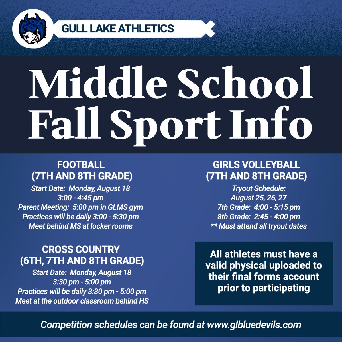 Middle School Fall sports start up soon!  Make sure you have your final forms account updated and a physical uploaded. 

View complete tryout info for each sport:
docs.google.com/document/d/1T-…