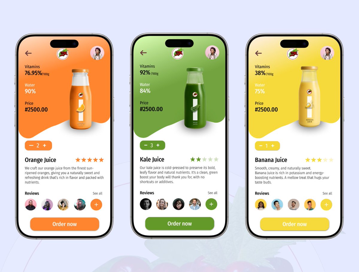el_zaey's tweet photo. Pulp’d in still life. 🍹

A closer look at the vibrant palettes, clear type, &amp; clean layouts behind the juice experience. 
This is Pulp’d, up close. ♥️🥂

#UIUX #AppDesign #PulpdApp https://t.co/Oglofe8069