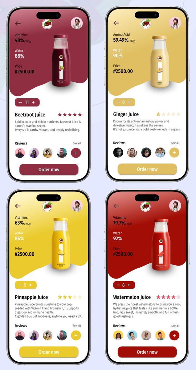 el_zaey's tweet photo. Pulp’d in still life. 🍹

A closer look at the vibrant palettes, clear type, &amp; clean layouts behind the juice experience. 
This is Pulp’d, up close. ♥️🥂

#UIUX #AppDesign #PulpdApp https://t.co/Oglofe8069