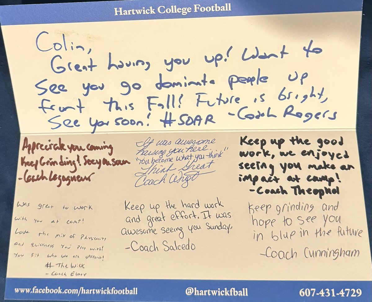 Thank you so much to <a href="/CoachElmore70/">Tyler Elmore</a>, <a href="/CoachRogers13/">Matt Rogers</a> and the rest of the <a href="/HartwickFball/">Hartwick Football</a> staff for the positive feedback! Can’t wait to come back to campus soon.