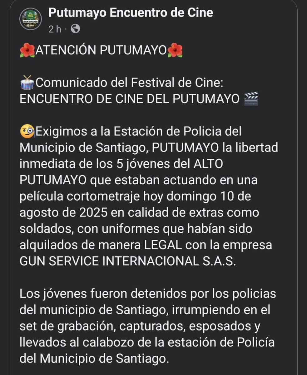 sandra_chindoy's tweet image. 🔴Urgente. La @PoliciaColombia de SANTIAGO PUTUMAYO detuvo irregularmente a 5 jóvenes actores extras durante el rodaje de un documental. Los jóvenes están detenidos en la estación de policía, LA COMUNIDAD TEME POR SU SEGURIDAD Y EXIGE SU INMEDIATA LIBERACIÓN. @petrogustavo RT👇🏽