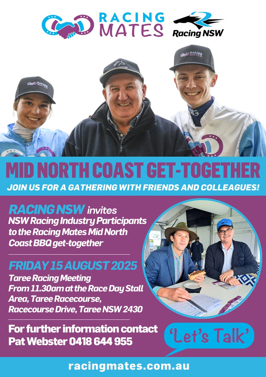 Mid North Coast Racing Participants are invited to the Taree Racing Mates BBQ get-together this Friday 15th August, from 11.30am prior to race day.
Join Pat Webster for a bite and 'a chat'.
Further details: tinyurl.com/mwyfw5py