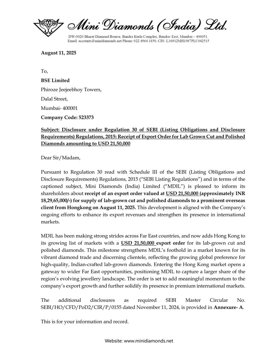 stocknewslatest's tweet image. #MINID Mini Diamonds (India) Limited (MDIL) secured an export order worth USD 21,50,000 (INR 18.2965 Cr) for lab-grown cut and polished diamonds from a Hong Kong client on August 11, 2025. This strengthens MDIL's international market presence.
#StockMarketUpdate #StocksInFocus