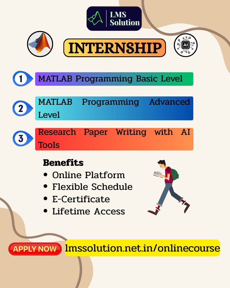 Lms_Solution's tweet image. 📢 Start your online internship in MATLAB & AI-based Research Writing
✅ Online Learning
✅ Certificate
✅ Lifetime Access
🎓 Apply now: zurl.co/NltxG
#matlabinternship #aiforresearch #onlinelearning #certificationcourse #technicaltraining