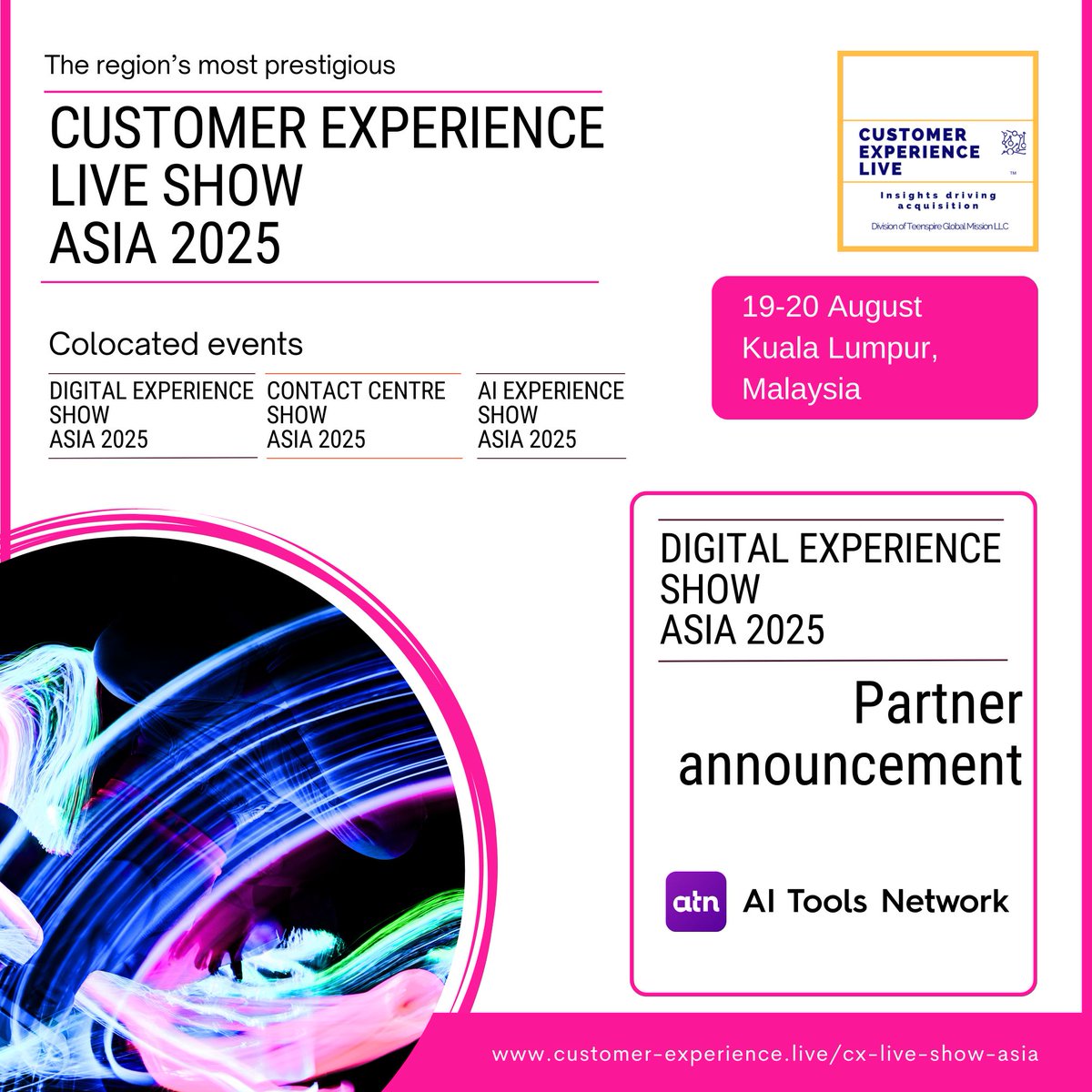 CXLiveTweets's tweet image. We are excited to welcome AI Tools Network as our Partner for the Digital Experience Show Asia 2025 on 19-20 August in Kuala Lumpur.

Register as a group buff.ly/4jYG9yw

#CXLiveTweets #CXLive #CXLiveShow #CustomerExperience #CXTips #CustomerEngagement #CX #VoC