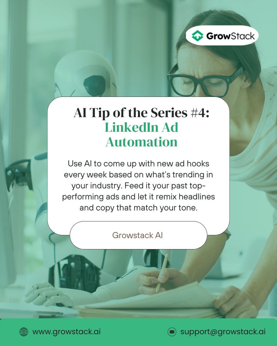 GrowStack AI (@growstackai) on Twitter photo Your best LinkedIn ad might not exist yet. Let AI experiment so you don’t have to.
growstack.ai 📩 support@growstack.ai
#LinkedInAds #AdCopyTips #AIForMarketers #MarketingWorkflow" Your best LinkedIn ad might not exist yet. Let AI experiment so you don’t have to.
growstack.ai 📩 support@growstack.ai
#LinkedInAds #AdCopyTips #AIForMarketers #MarketingWorkflow"