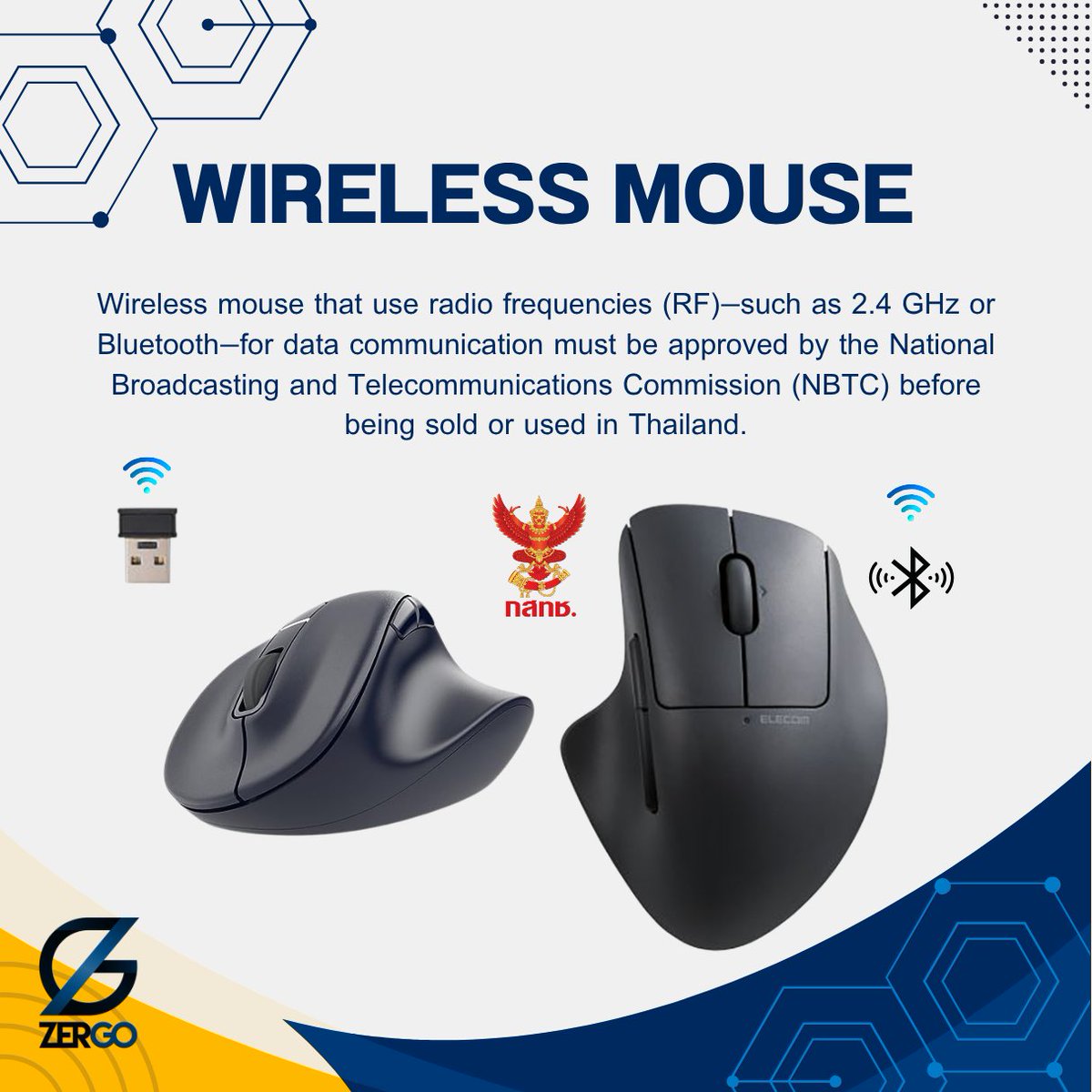 ZergoThailand's tweet image. Wireless mouse that use radio frequencies (RF)—such as 2.4 GHz or Bluetooth—for data communication must be approved by the National Broadcasting and Telecommunications Commission (NBTC) before being sold or used in Thailand.

zergo.co.th
#NBTC  #TISI