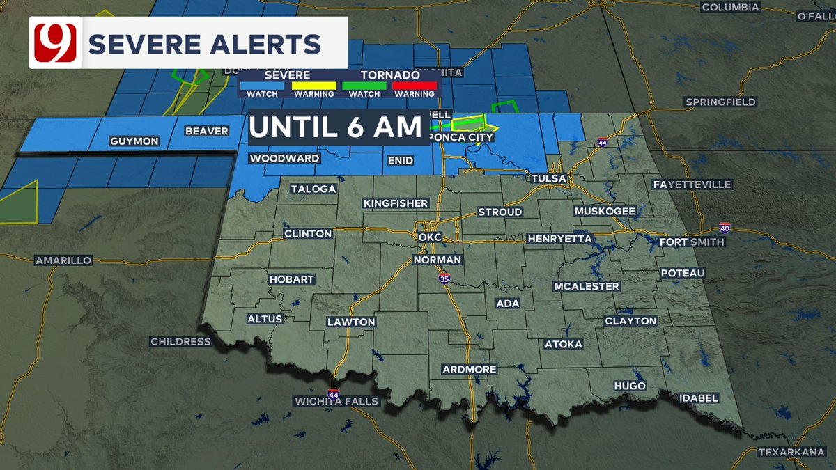 Severe Thunderstorm Watch issued for northern Oklahoma until 6 AM. #okwx