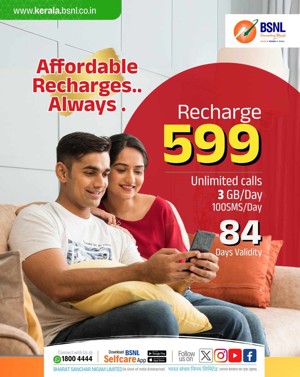 BSNL_KL's tweet photo. More data, more talk, more days - BSNL brings you affordable recharges: ₹347, ₹485 & ₹599 – packed with data, calls & SMS for every need.

Which one’s your pick?

Recharge Now: https://t.co/iUZjyDVHAe

#BSNL4G #StayConnected #AffordablePlans #BSNL  #BSNLOffer #BSNLFreedomOffer #bsnlkerala #BSNLIndia