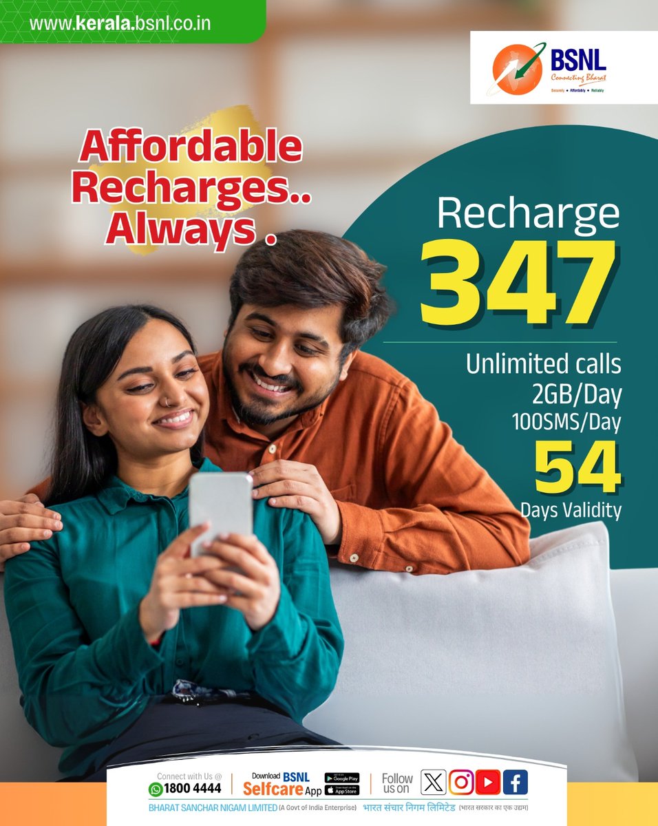 BSNL_KL's tweet photo. More data, more talk, more days - BSNL brings you affordable recharges: ₹347, ₹485 & ₹599 – packed with data, calls & SMS for every need.

Which one’s your pick?

Recharge Now: https://t.co/iUZjyDVHAe

#BSNL4G #StayConnected #AffordablePlans #BSNL  #BSNLOffer #BSNLFreedomOffer #bsnlkerala #BSNLIndia