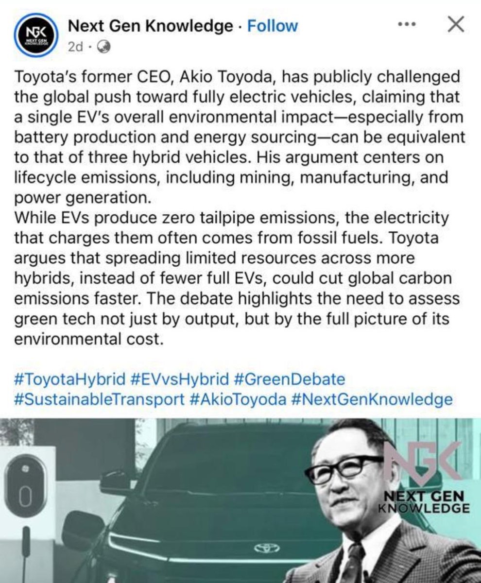 To ponder : Toyota’s ex-CEO Akio: one EV’s full lifecycle impact (battery mining, manufacturing, charging) can equal three hybrids. More hybrids could cut carbon faster than fewer full EVs. Let India avoid Rare Earth Magnets dependence   <a href="/Sachin_Chat/">Sachin Chaturvedi</a> <a href="/nageshkum/">Nagesh Kumar, PhD</a> <a href="/jaijit/">Dr. Jaijit Bhattacharya</a> <a href="/ajaydgft/">Ajay Srivastava</a>