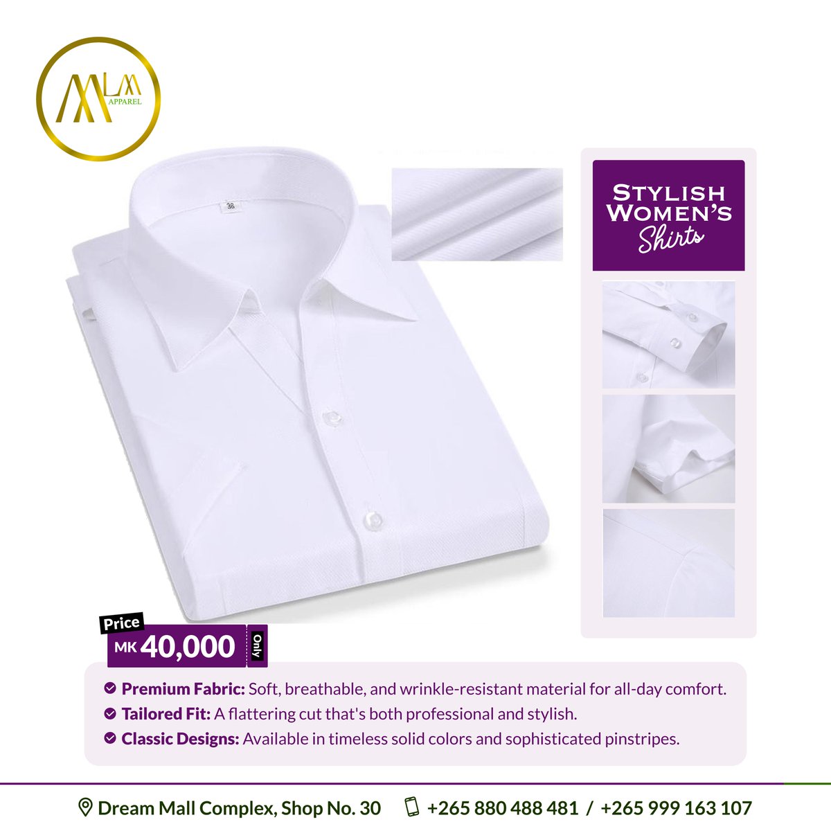 mlmapparelmw's tweet photo. 👩💼✨ Our stylish women's shirts are the ultimate wardrobe refresh. Premium, soft, and wrinkle-resistant for a flawless look that lasts all day.
Get yours for MK 40,000 at Dream Mall Complex, Shop No. 30.
#WorkWearGoals #MalawiFashion #BossBabeStyle #StylishShirts #OfficeChic https://t.co/W8BvK347nd