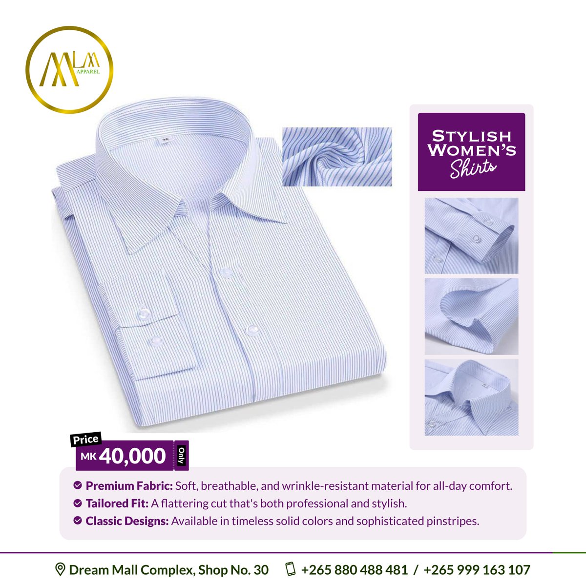 mlmapparelmw's tweet photo. 👩💼✨ Our stylish women's shirts are the ultimate wardrobe refresh. Premium, soft, and wrinkle-resistant for a flawless look that lasts all day.
Get yours for MK 40,000 at Dream Mall Complex, Shop No. 30.
#WorkWearGoals #MalawiFashion #BossBabeStyle #StylishShirts #OfficeChic https://t.co/W8BvK347nd