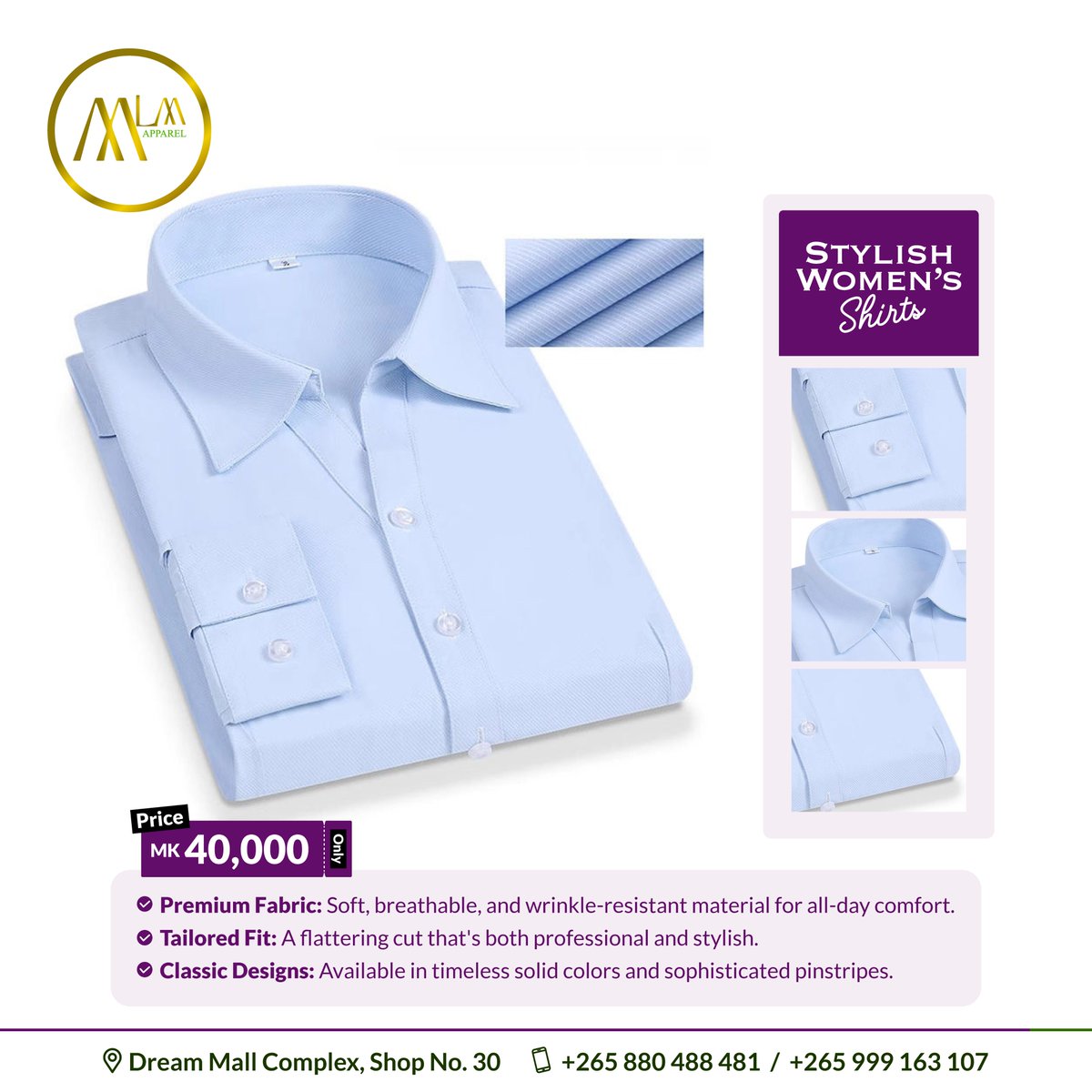 mlmapparelmw's tweet photo. 👩💼✨ Our stylish women's shirts are the ultimate wardrobe refresh. Premium, soft, and wrinkle-resistant for a flawless look that lasts all day.
Get yours for MK 40,000 at Dream Mall Complex, Shop No. 30.
#WorkWearGoals #MalawiFashion #BossBabeStyle #StylishShirts #OfficeChic https://t.co/W8BvK347nd