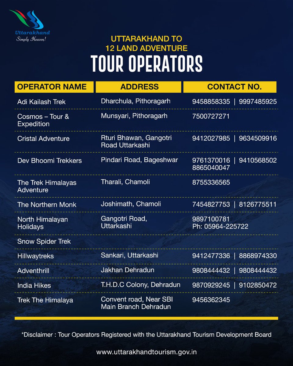 UTDBofficial's tweet photo. Ready to discover a new side of Uttarakhand?
These treks are open now—offering hidden views, untouched trails, &amp;  adventures you’ll never forget.

Scroll to the last slide to see the list of Tour Operators registered with the Uttarakhand Tourism Development Board https://t.co/qU8zoIxyoh