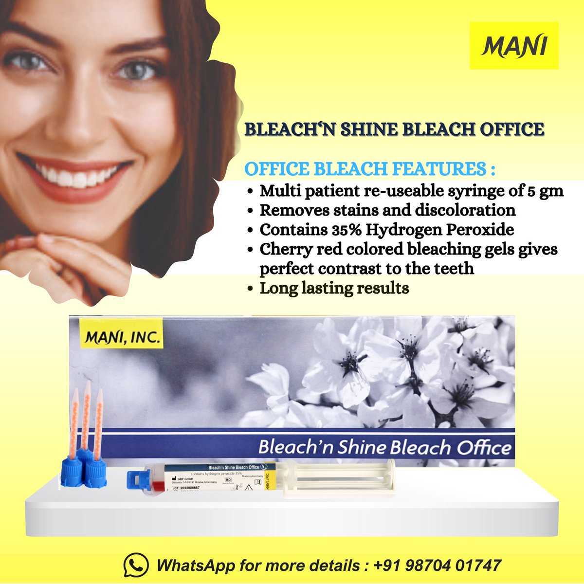 ManiMedicalInd's tweet photo. Smile Bright &amp; Confident with 𝐌𝐀𝐍𝐈 𝐁𝐥𝐞𝐚𝐜𝐡’𝐧 𝐒𝐡𝐢𝐧𝐞 (𝐁𝐥𝐞𝐚𝐜𝐡 𝐎𝐟𝐟𝐢𝐜𝐞)

🦷Ideal concentration 35% Hydrogen Peroxide.
🦷Cherry red color bleaching gel gives perfect contrast to teeth.

#MANI #SmileBright #BleachNShine #TeethWhitenining #TeethBleaching https://t.co/9lomUfUHij