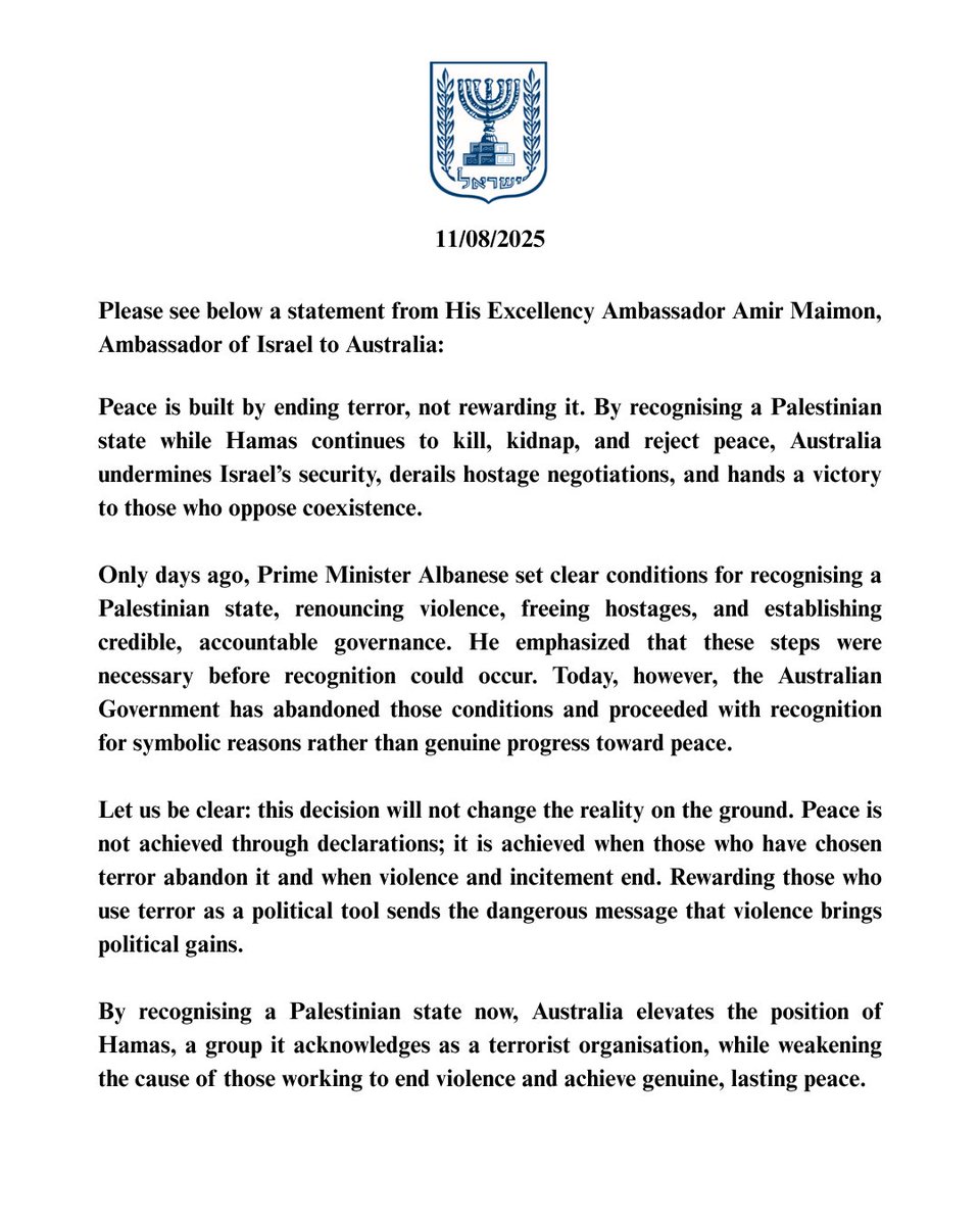Ambassador <a href="/MaimonAmir/">Amir Maimon</a>’s statement regarding Australia’s decision to recognize a Palestinian state: